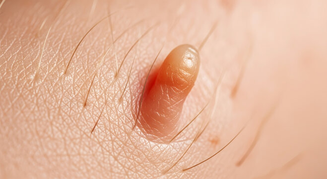 Extreme close up of human skin with a raised skin tag and fine hairs image