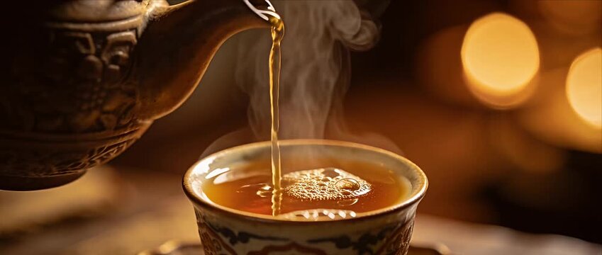 Vintage ceramic teapot with hot tea steam and golden liquid pour, cozy evening beverage in ornate teacup and saucer, warm aromatic drink comfort rustic relaxation ceremony atmosphere