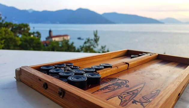 A serene outdoor scene featuring a wooden backgammon board