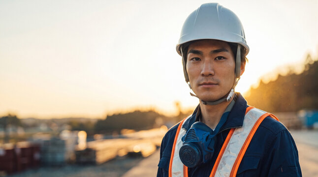 夕景の工事現場で働く男性作業員、建設業の採用・コーポレートイメージ