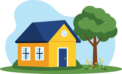 Naklejka premium Colorful yellow house illustration, stylized residential design artwork