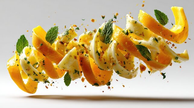 Vibrant citrus peel spirals and fresh mint leaves floating midair with culinary spices in a dynamic culinary composition set against a minimalist light background