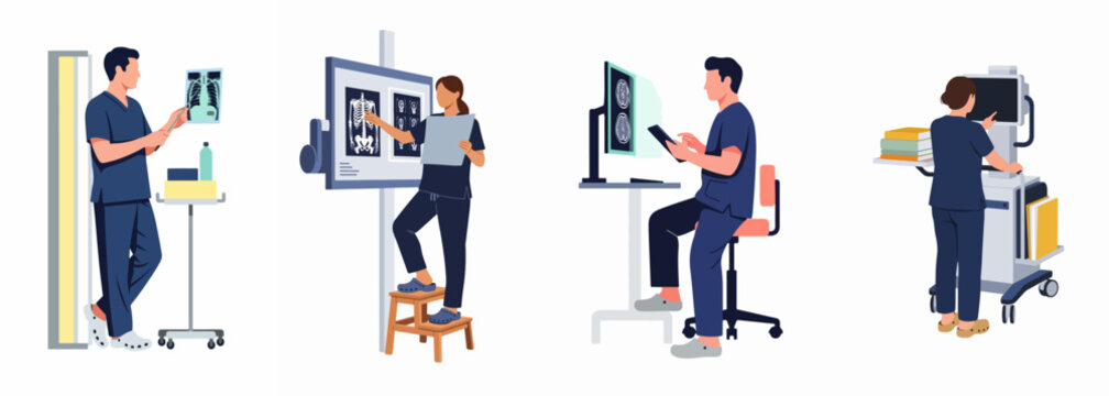 Set of medical professionals in scrubs analyzing X-ray and MRI scans, performing diagnostic imaging tasks in a modern healthcare environment.