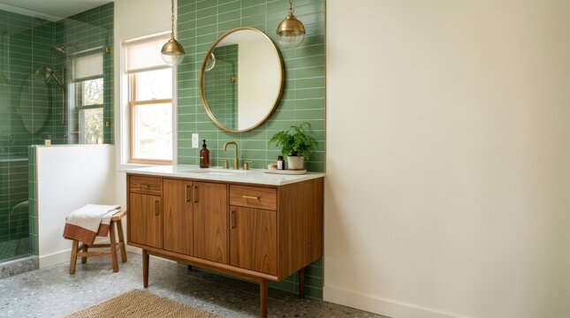 Mid century modern bathroom with green tile accent and wooden vanity
