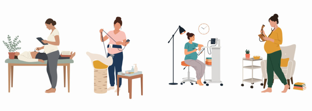 Illustrations of midwives and pregnant women engaged in prenatal healthcare activities such as fetal heart monitoring, clinical check-ups, and maternal consultations.