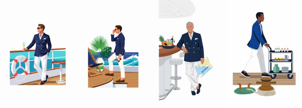 Set of four illustrations depicting men in elegant nautical attire enjoying a luxury lifestyle on yachts and at sea.