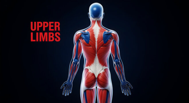 Human upper body posterior view muscular system anatomy detailed image