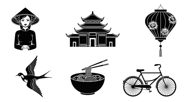 Asian cultural icons set in black and white