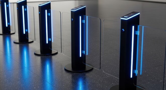 Sleek Matte Black Security Gates with Integrated Blue Illumination