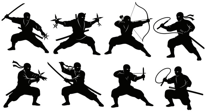 Silhouettes of ninjas in action poses with various weapons