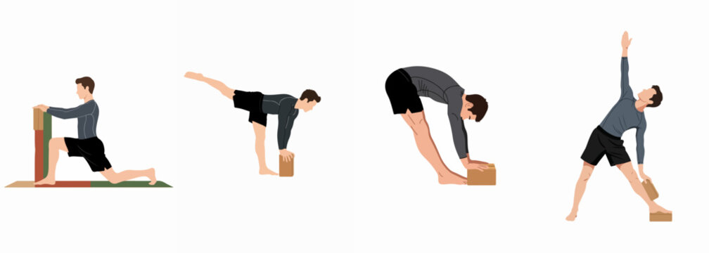 Male athlete practicing various yoga poses using yoga blocks for support and alignment, including lunge, warrior three, forward fold, and triangle pose.