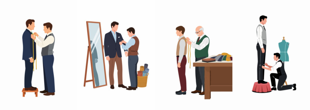 Flat vector illustration set of professional tailors measuring and fitting custom suits for male clients in a boutique tailor shop setting.