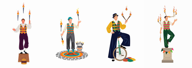 Set of male circus performers juggling fire torches, riding a unicycle, and performing balancing acts in colorful harlequin costumes on a white background. © Payandu