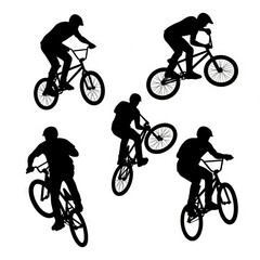 Obraz premium Collection of BMX freestyle rider silhouettes featuring bicycle stunt tricks, jumps, and extreme sports action poses in full black vector style. Perfect for sports branding, posters, apparel, skatepar