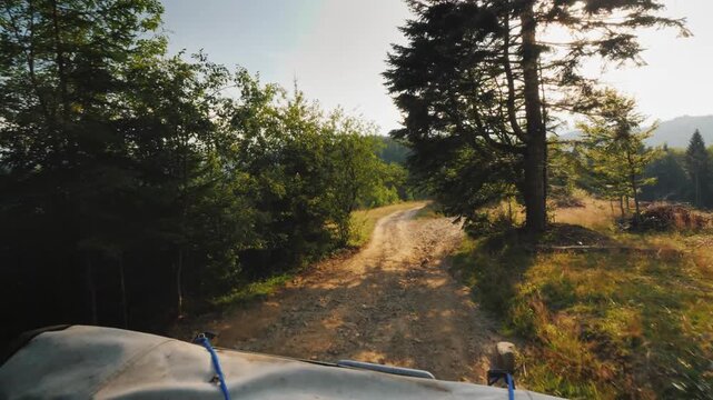 Off road vehicle ride on bumpy mountain dirt track path through dense forest landscape during sunny summer day journey adventure across beautiful highland wilderness terrain scenic view travel 