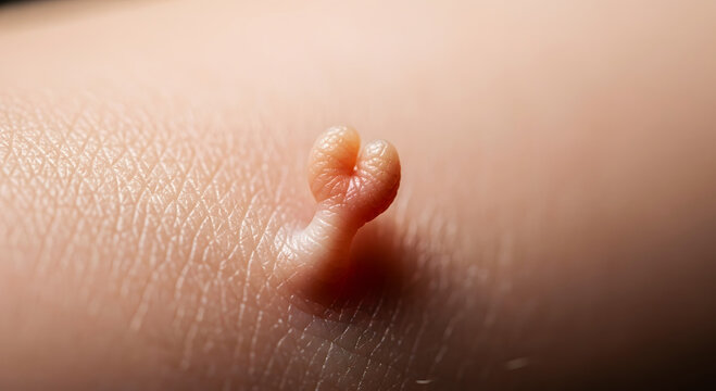 Macro view of a skin tag with a heart shaped top on human skin dermatology