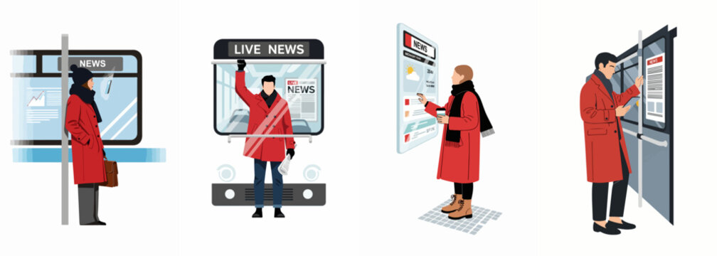 Vector illustrations of people in red coats staying informed with news on public transit and futuristic digital interfaces during their daily commute.