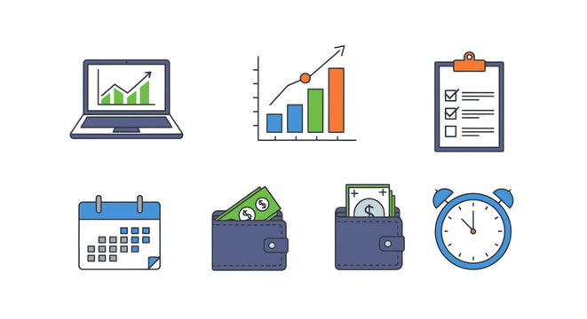 Visualize Financial Growth and Business Planning Success Using These Distinct Icons Representing Data Analysis Investments and Time Management Tasks for Corporate Strategy and Economic