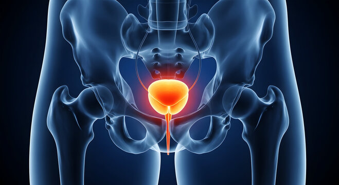 Male pelvic region with glowing orange prostate gland and blue skeletal structure image
