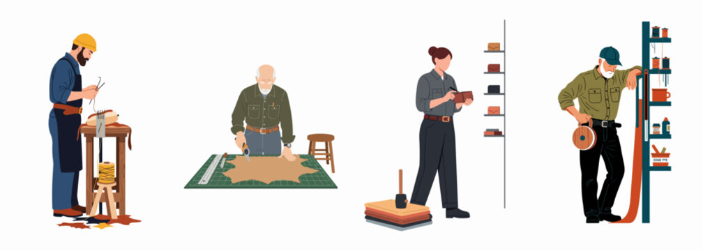 Leather craftsmen and craftswoman working in an artisanal studio, performing various tasks like cutting, sewing, and inspecting handmade leather goods.