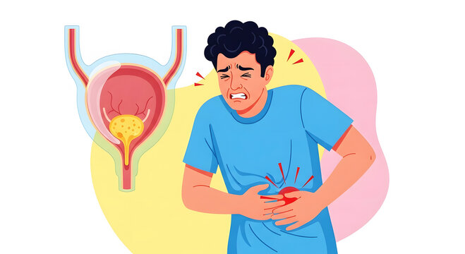 Man grimacing in pain holding lower abdomen next to bladder diagram grimace