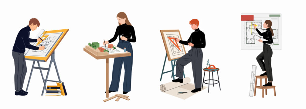 Professional architects and designers working on building projects, creating blueprints, and making architectural models in a studio setting.