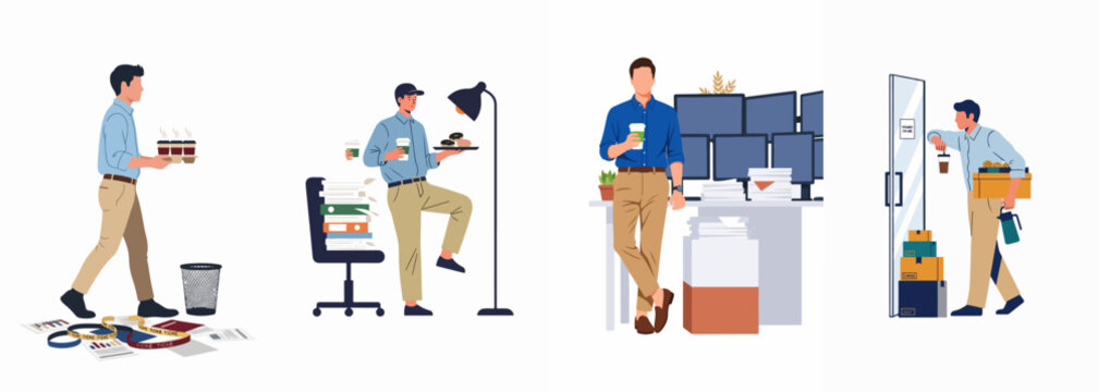 Set of flat vector illustrations depicting overworked office employees, workaholic businessmen with coffee, heavy paperwork, and multiple computer monitors.