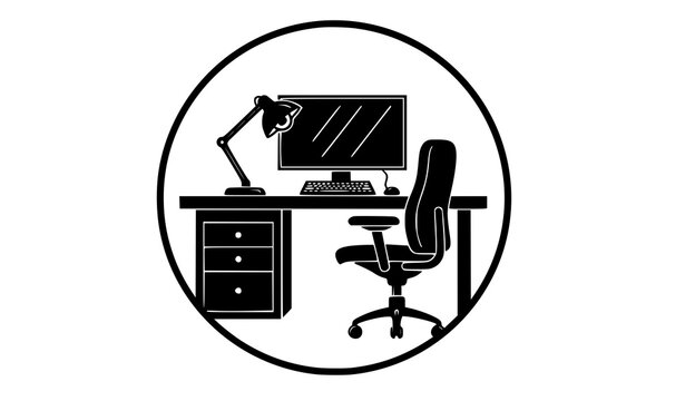 Minimal office desk silhouette computer workstation vector icon design