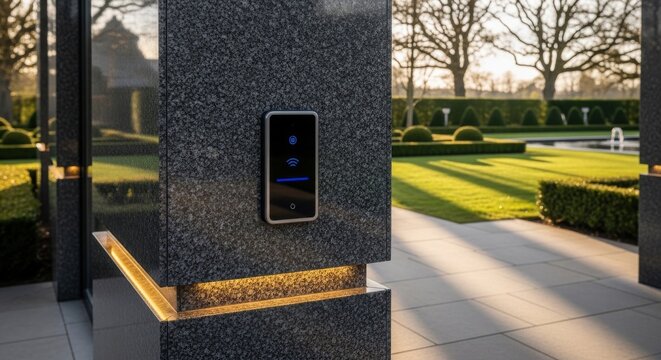 Integrated RFID Reader Technology Embedded in a Modern Granite Pillar with Outdoor Lighting and Garden Access