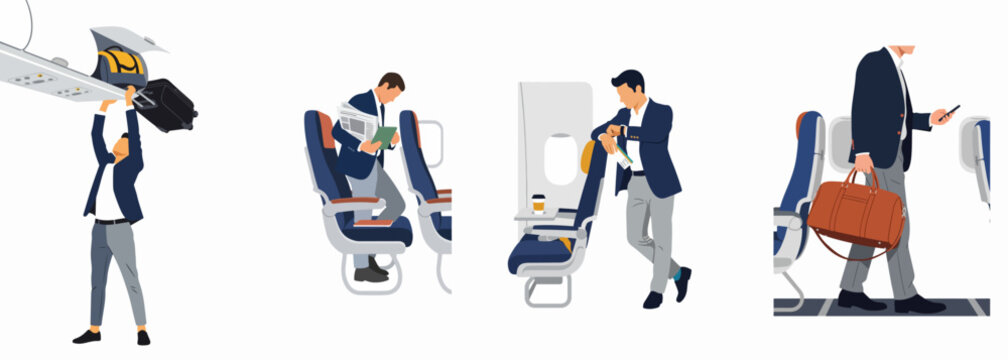 Set of vector illustrations showing a businessman's journey on an airplane, including boarding, stowing luggage, waiting, and walking down the aisle.