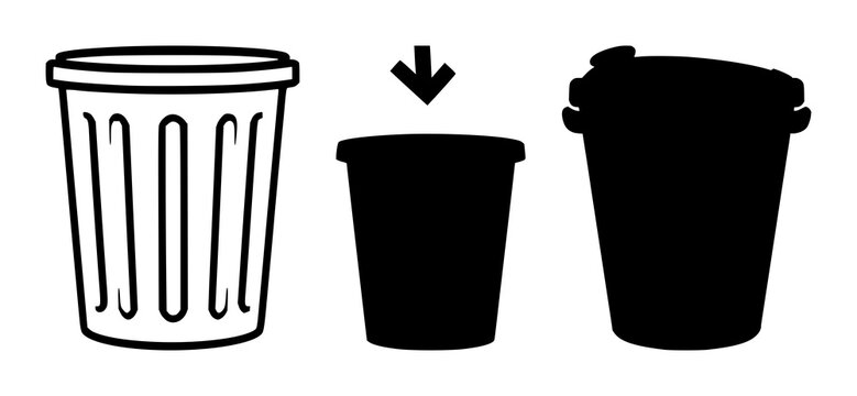 Trash can icon set with solid black shape on white background featuring delete, recycle, waste symbols with convenience and savings