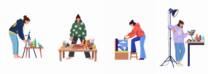 Fototapeta premium Set of illustrations depicting women engaged in various creative hobbies like sculpting clay figures, building dioramas, and filming stop-motion animation.