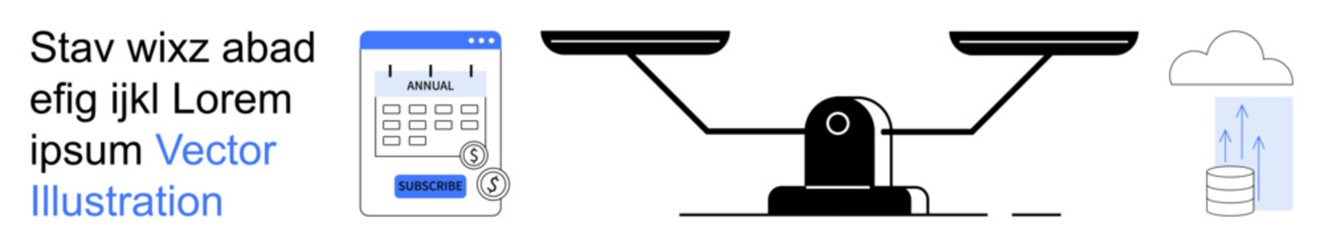 Data security, cloud storage, remote backup, workload balance, system optimization, scheduling. Calendar interface, balance scale and cloud icon. Data security and cloud storage visualization