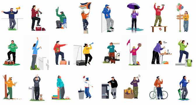 Large collection of diverse sports fans, coaches, and team supporters in colorful athletic apparel, engaged in various matchday and training activities.