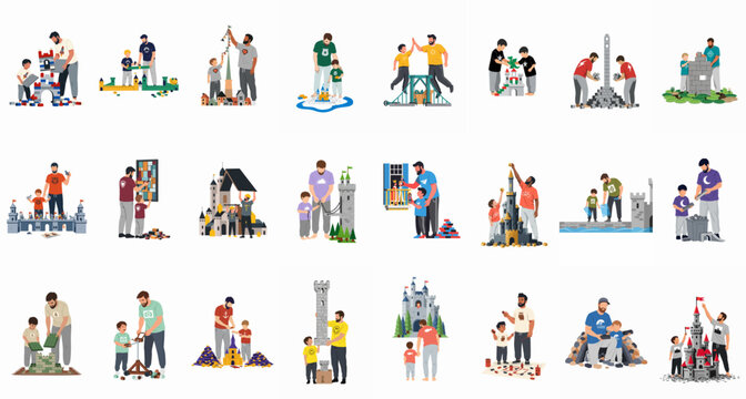 Set of illustrations featuring fathers and sons building toy castles, towers, and structures together, highlighting family bonding, creative play, and learning.