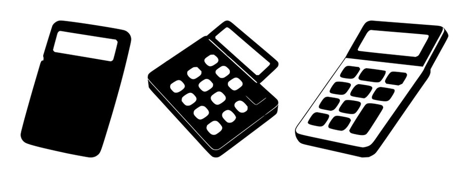 Calculator icon set with solid black lines on white background featuring calculator, icon, technology with digital and devices