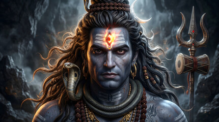 Obraz premium Powerful Lord Shiva Portrait with Third Eye and Cobra Snake