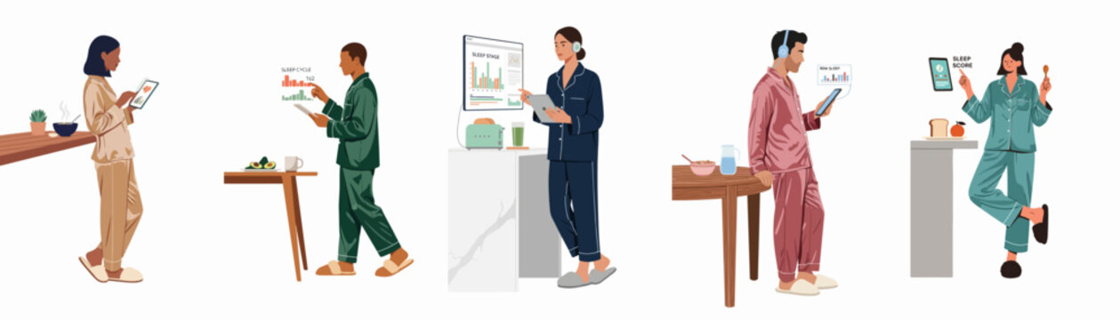Diverse people in pajamas monitoring their health and sleep data using digital devices and holographic displays during their morning routine.
