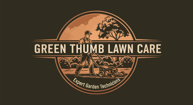 Green Thumb Lawn Care logo with gardener mowing lawn under a tree.