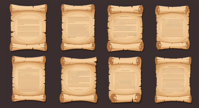 Collection of ancient parchment paper scrolls with handwritten text and aged edges for historical or fantasy design elements.