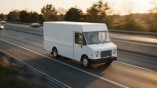 White Delivery Truck Driving on Highway at Golden Hour