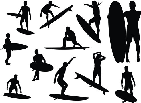 Surfing people silhouettes set, surfers with boards riding waves black vector illustration collection