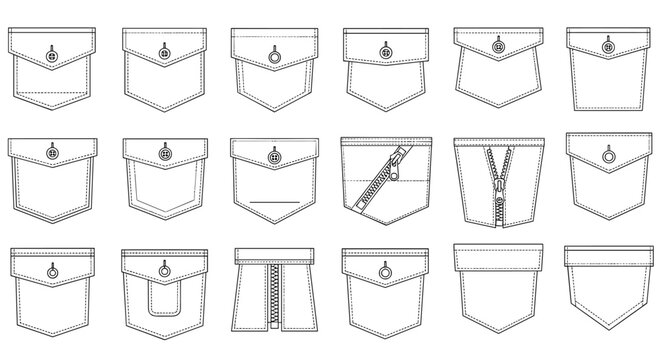 Technical garment sketches provide a comprehensive overview of different pocket styles and designs for clothing manufacturing and fashion.