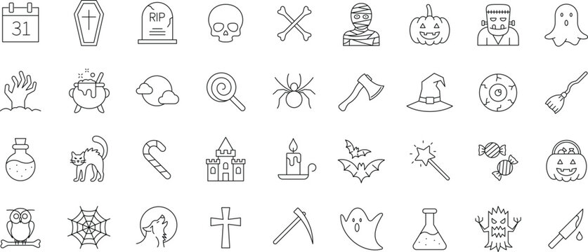 Halloween icon set. Editable line icons. Containing pumpkin, ghost, vampire, mummy, Frankenstein, spider, skull, bone, bat, cat, witch, cemetery, candy and more.