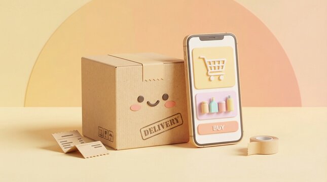 3D minimalist cardboard box with a happy face and a smartphone showing an e-commerce app.
