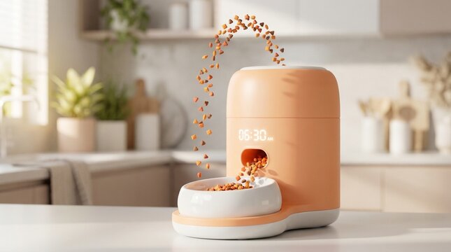 3D minimalist automatic pet feeder dispensing kibble in a kitchen.