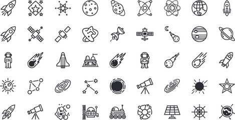 Minimal space exploration icon set with planets rockets astronauts galaxies telescopes and astronomy science concepts for modern interface design © MSTSalina