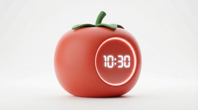 3D minimalist tomato Pomodoro timer with a digital clock display.