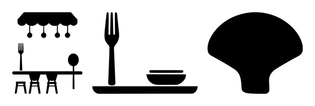 Restaurant menu icon set with solid black silhouette on white background featuring menu, dining, cuisine with vector and illustration