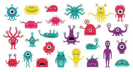 Obraz premium Cute and colorful cartoon monster characters set with various quirky features multiple eyes and friendly faces.